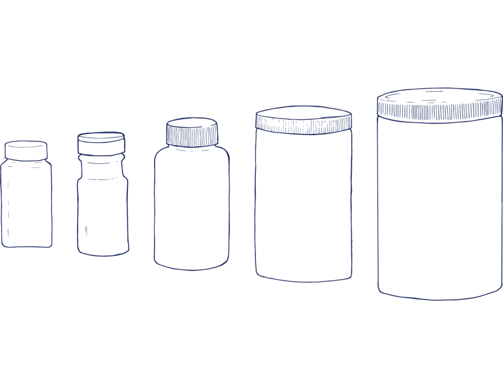 Full lineup of glass rigid container options Illustration on transparent background.